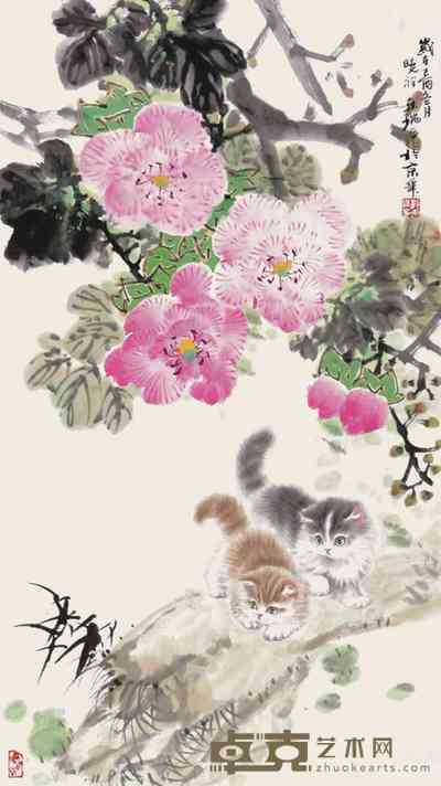 郭东瑞 李晓祥 花卉猫 镜心 95×54cm